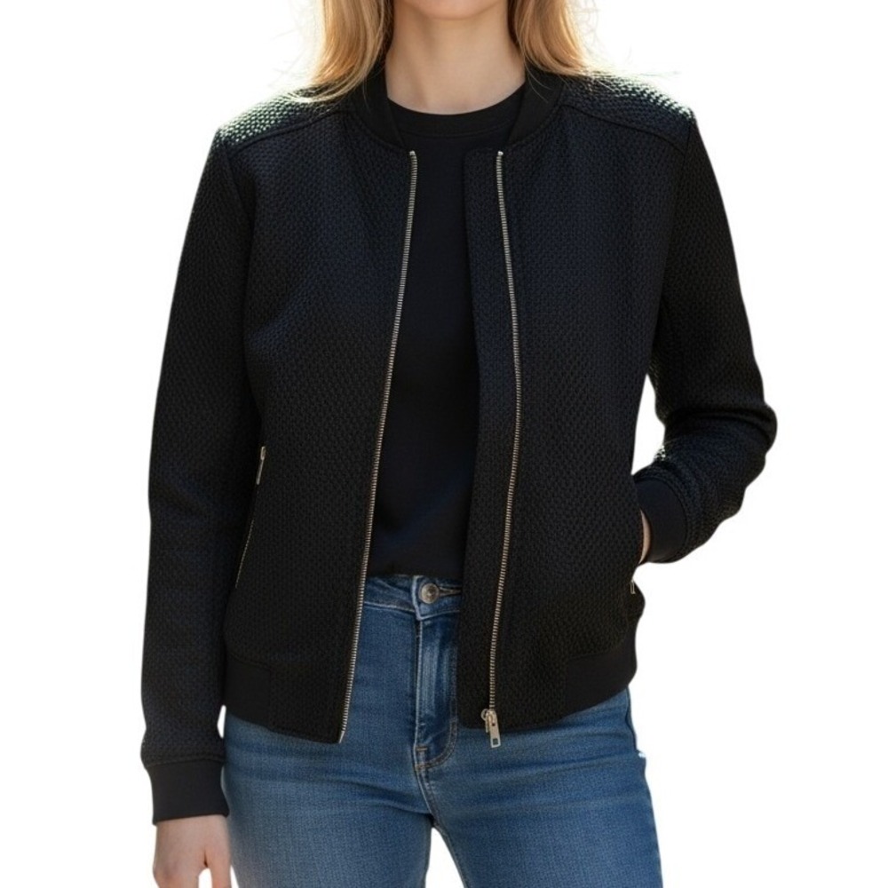 TROUVE Black Textured Bomber Jacket Full Zip Pockets EUC Size XS